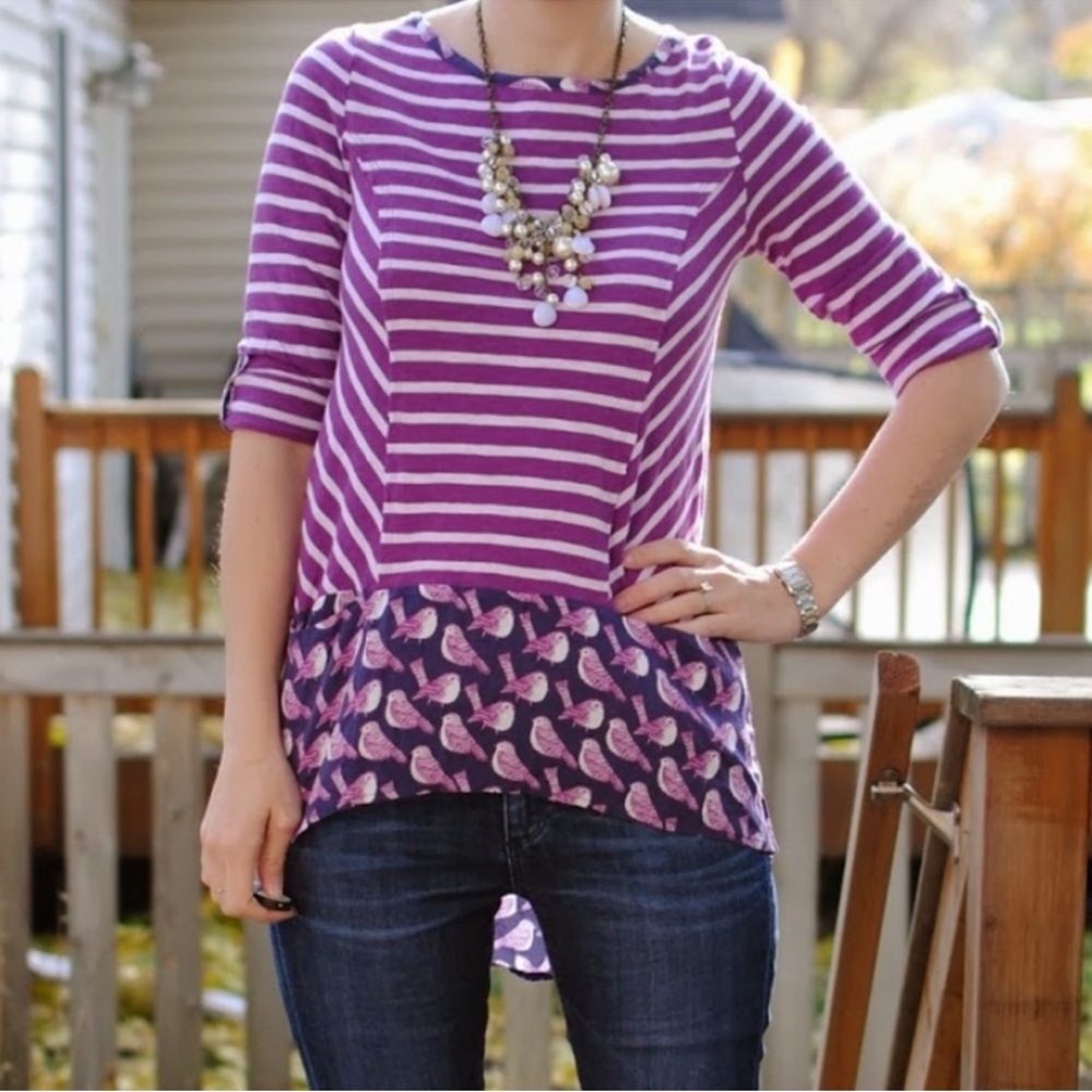 Anthropologie Postmark Fairly Striped Novelty Bird Print Hem‎ Top Purple XS